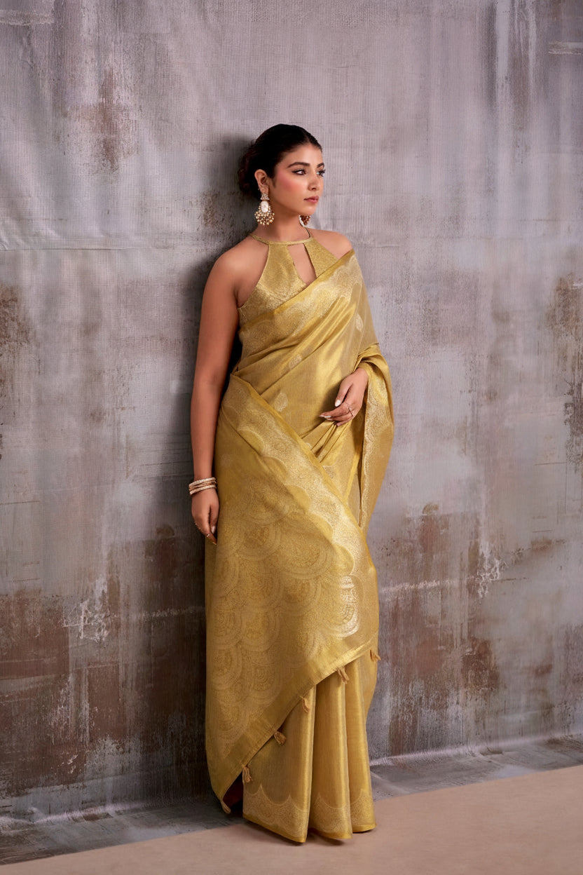 Luminous Grace: Designer Tissue Silk Saree with Matching Blouse Piece