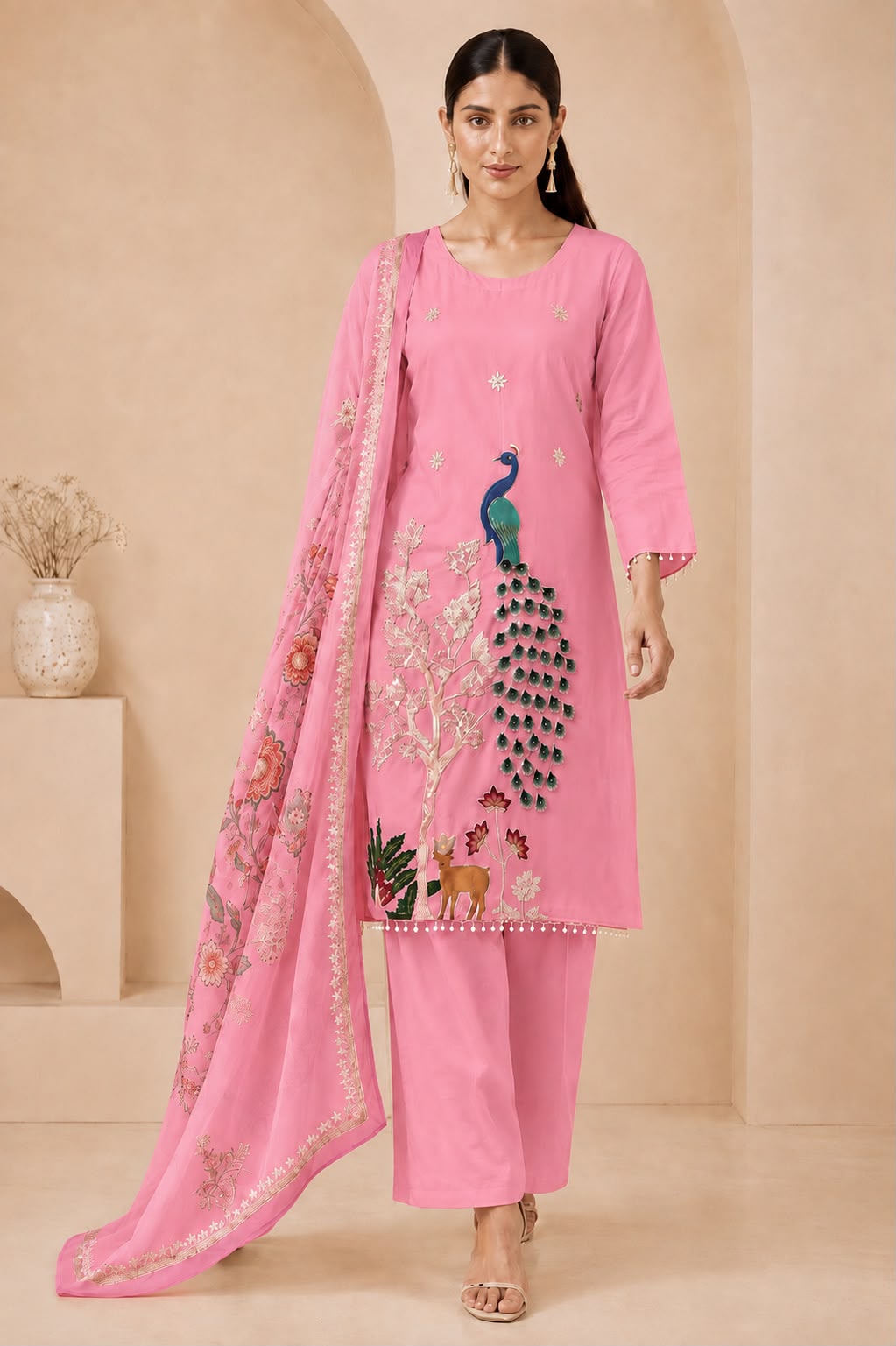 Heavy Embroidered Vichitra Silk 3-Piece Suit Set with Printed Dupatta