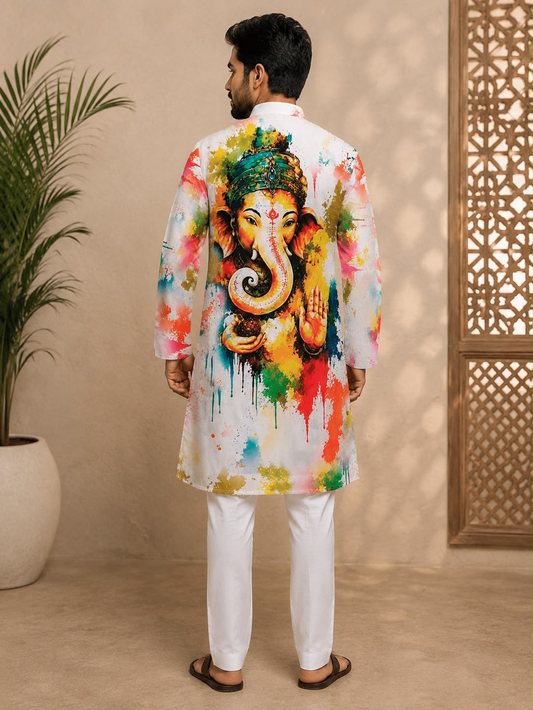 Man wearing a white Indian ethnic kurta featuring a colorful Lord Ganesha digital print.