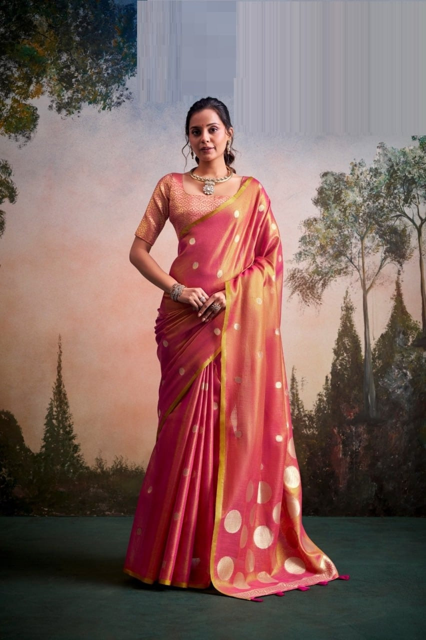 Luminous Tissue Silk with Gold Zari Motifs