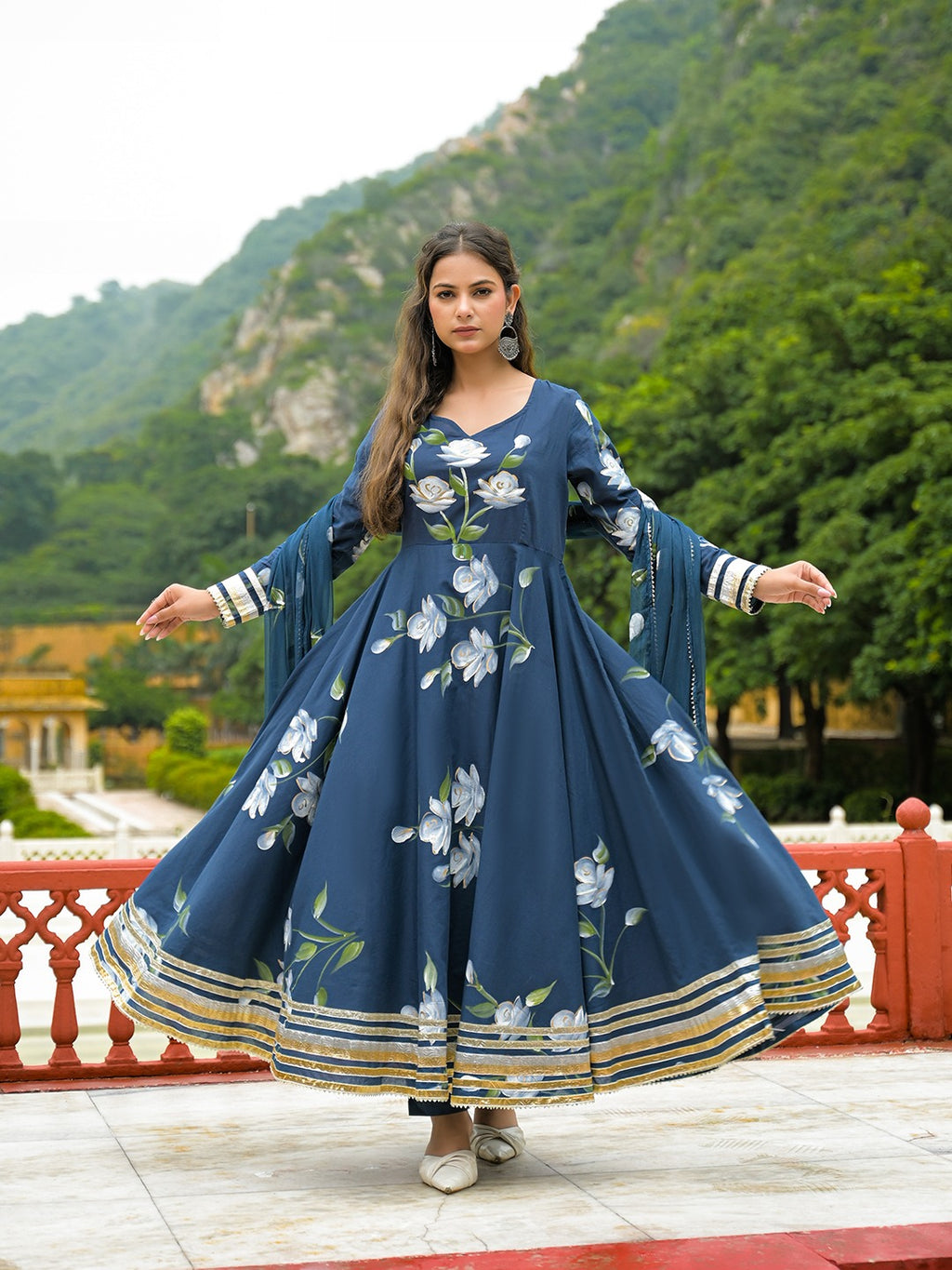 Blue Hand Painted Anarkali Kurta Pant With Dupatta