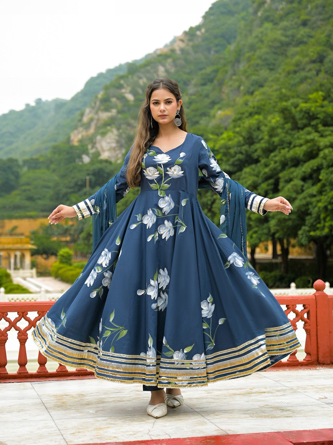 Blue Hand Painted Anarkali Kurta Pant With Dupatta