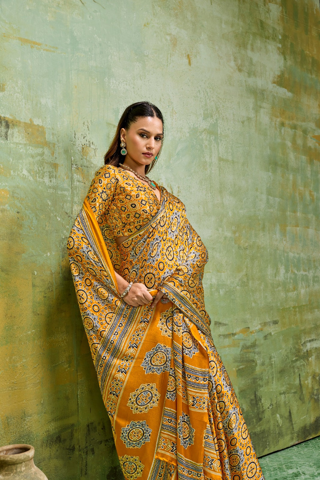 Premium Modal Satin Ajrakh Printed Saree with Matching Blouse