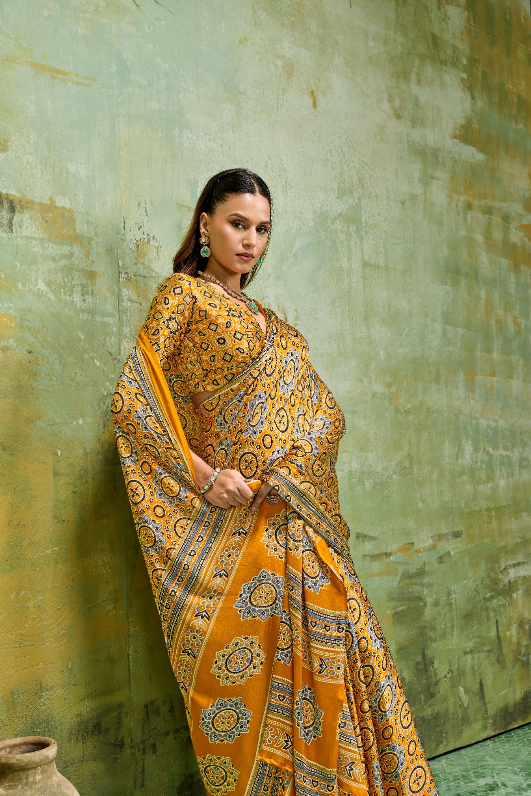 Premium Modal Satin Ajrakh Printed Saree with Matching Blouse