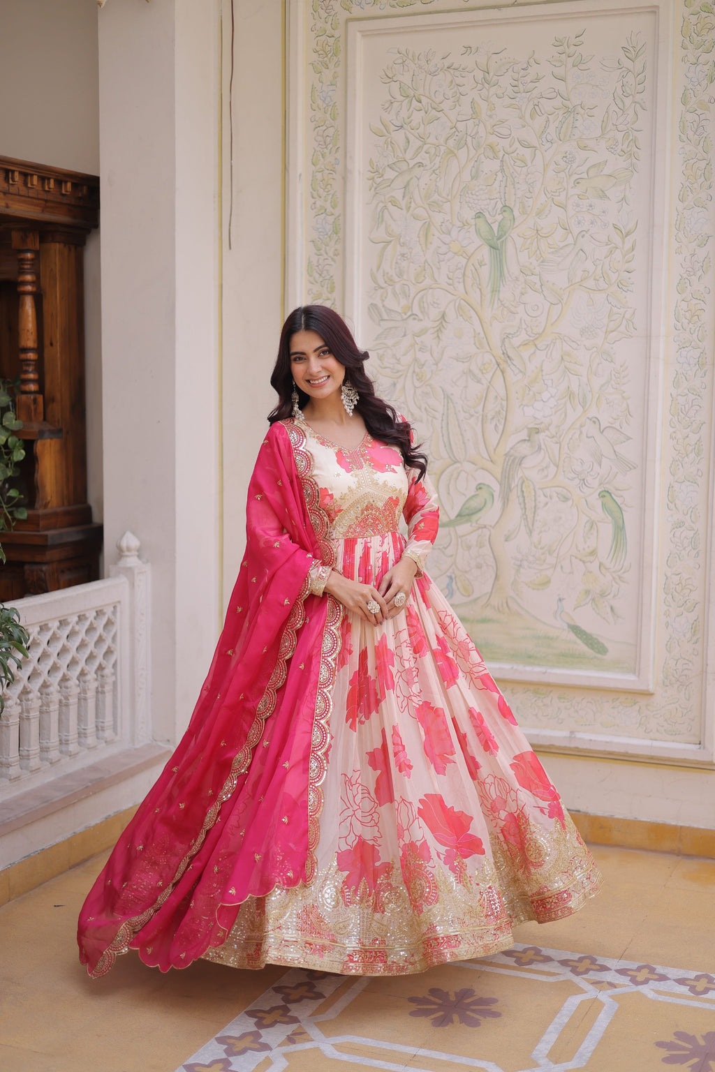 Shop Floral Russian Silk Embroidered Gown & Dupatta Set