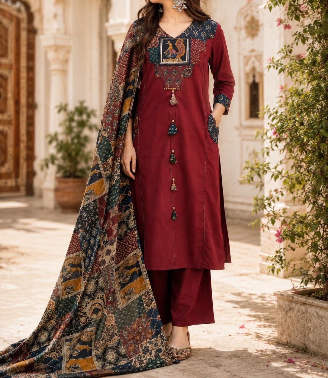Effortless Elegance: Handcrafted Cotton Kurta Set with Applique, Katha Work & Designer Pockets