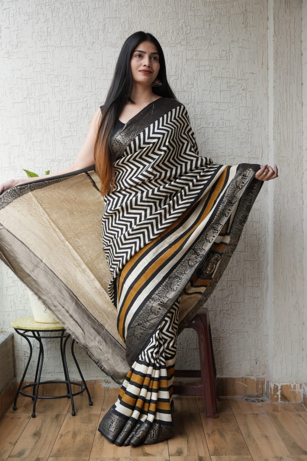 Pure Dola Silk Ajrakh Hand Block Printed Saree with Elegant Printed Blouse