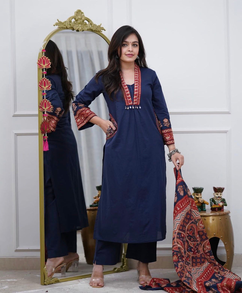 Elegant Blue Cotton Kurti Set with Handwork Detailing