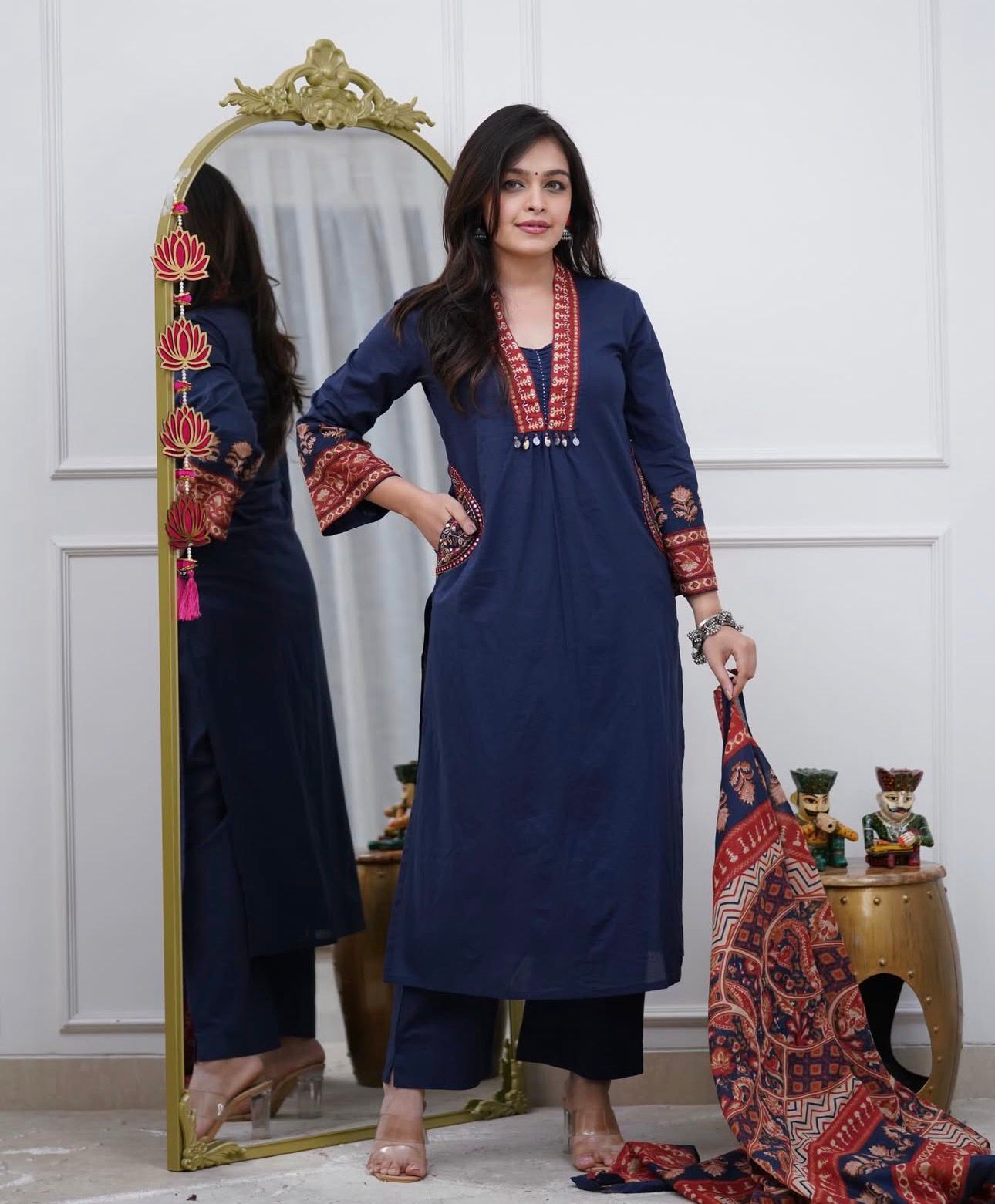 Elegant Blue Cotton Kurti Set with Handwork Detailing