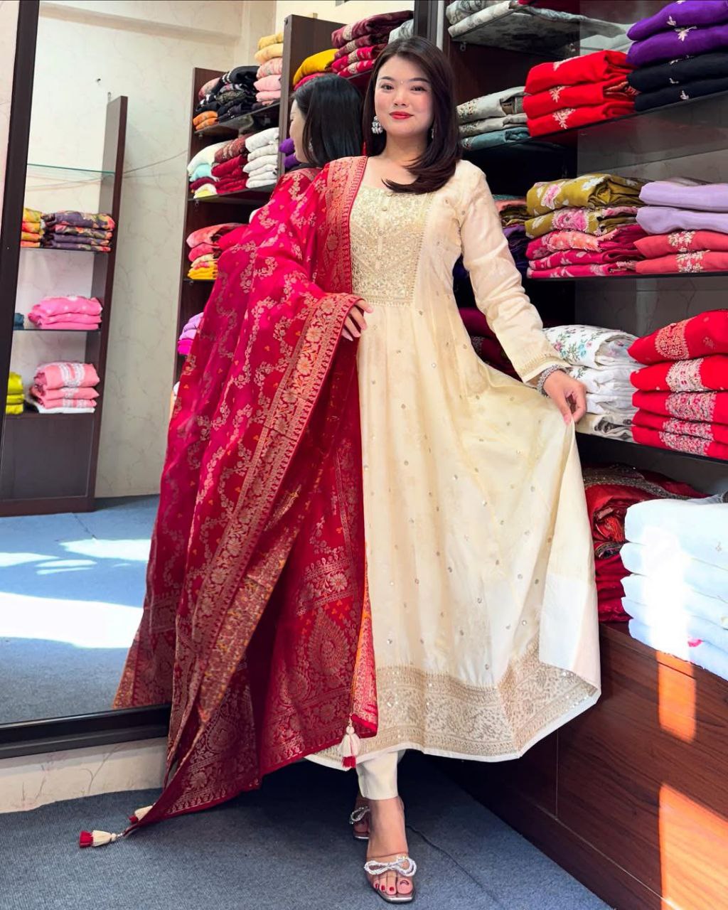 Golden Zari Banana Silk Anarkali Suit Set with Banarasi Silk Dupatt