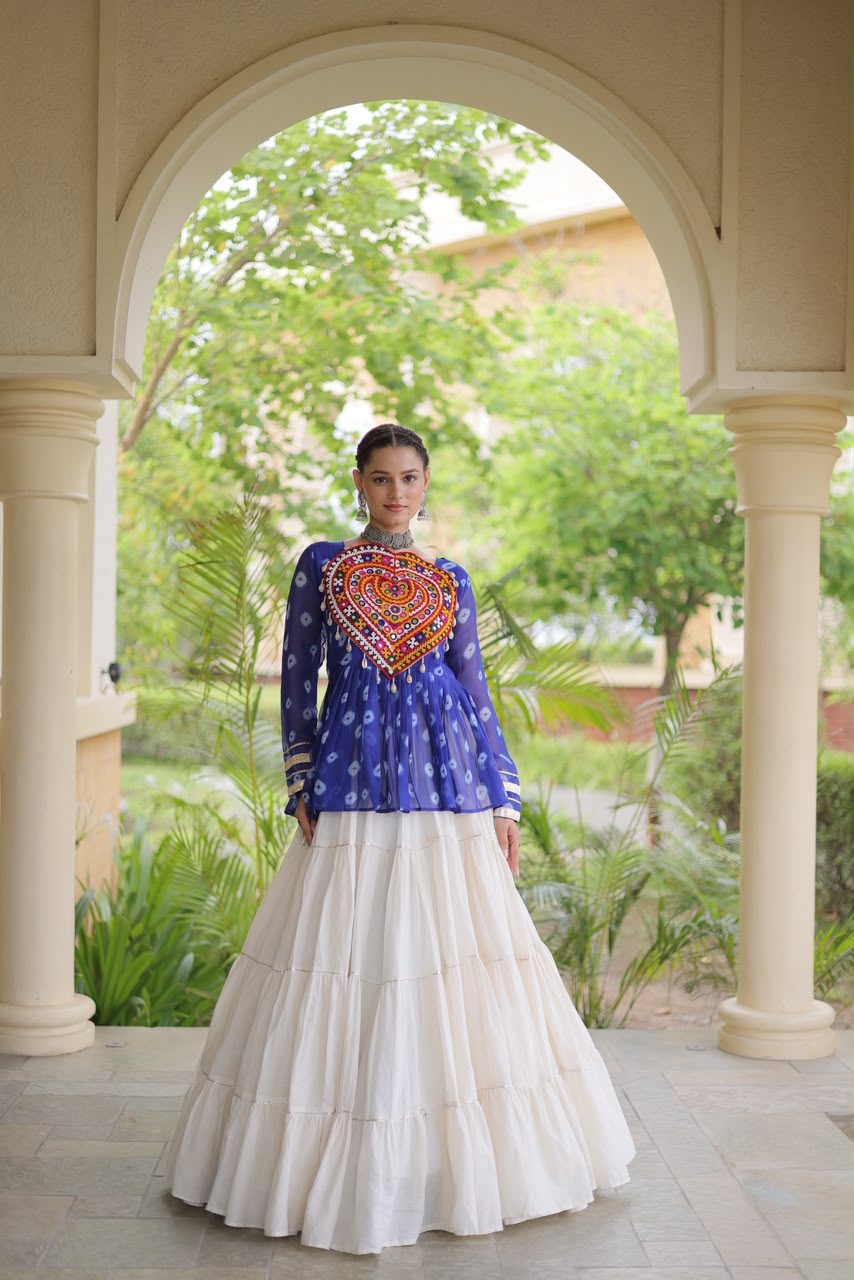 Kutchi Gamthi Patchwork Bandhani Top with Tiered Kora Cotton Lehenga