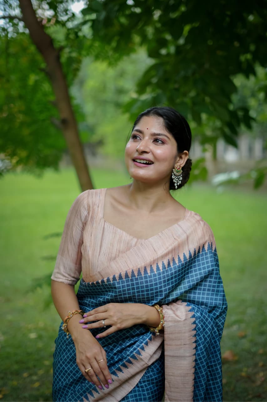 Soft Tussar Silk Saree with Kantha Weave Contrast Border & Check Print