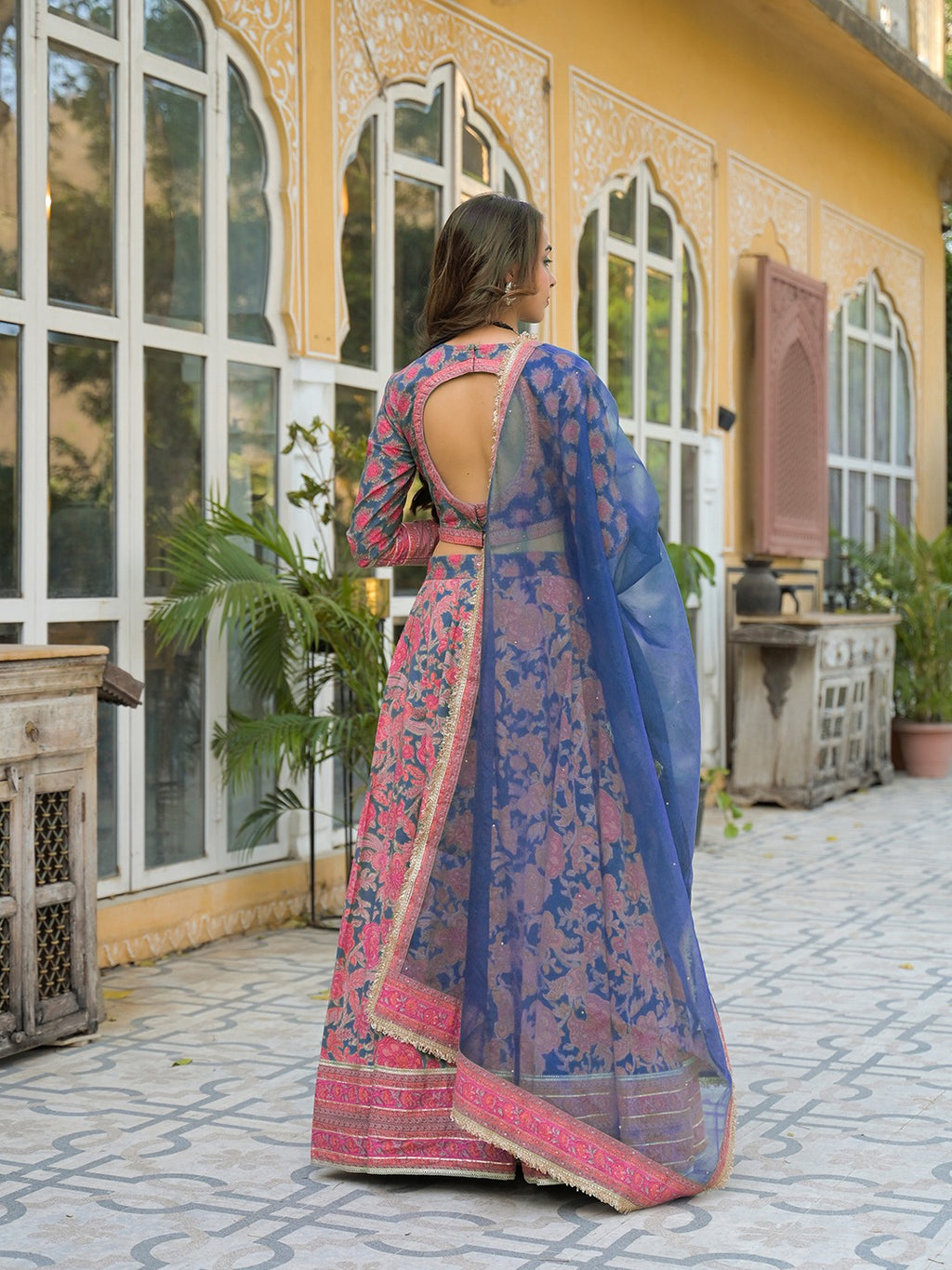 Blue Printed Lehenga with Choli and Dupatta
