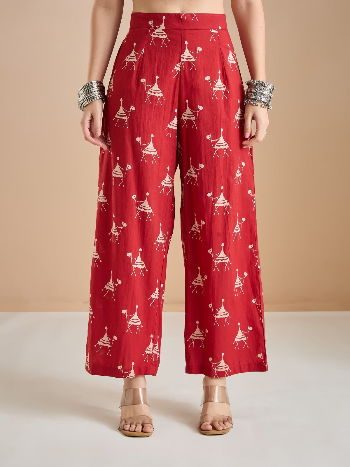 Women Animal Print Pure Cotton Red A-Line Kurti with Pants
