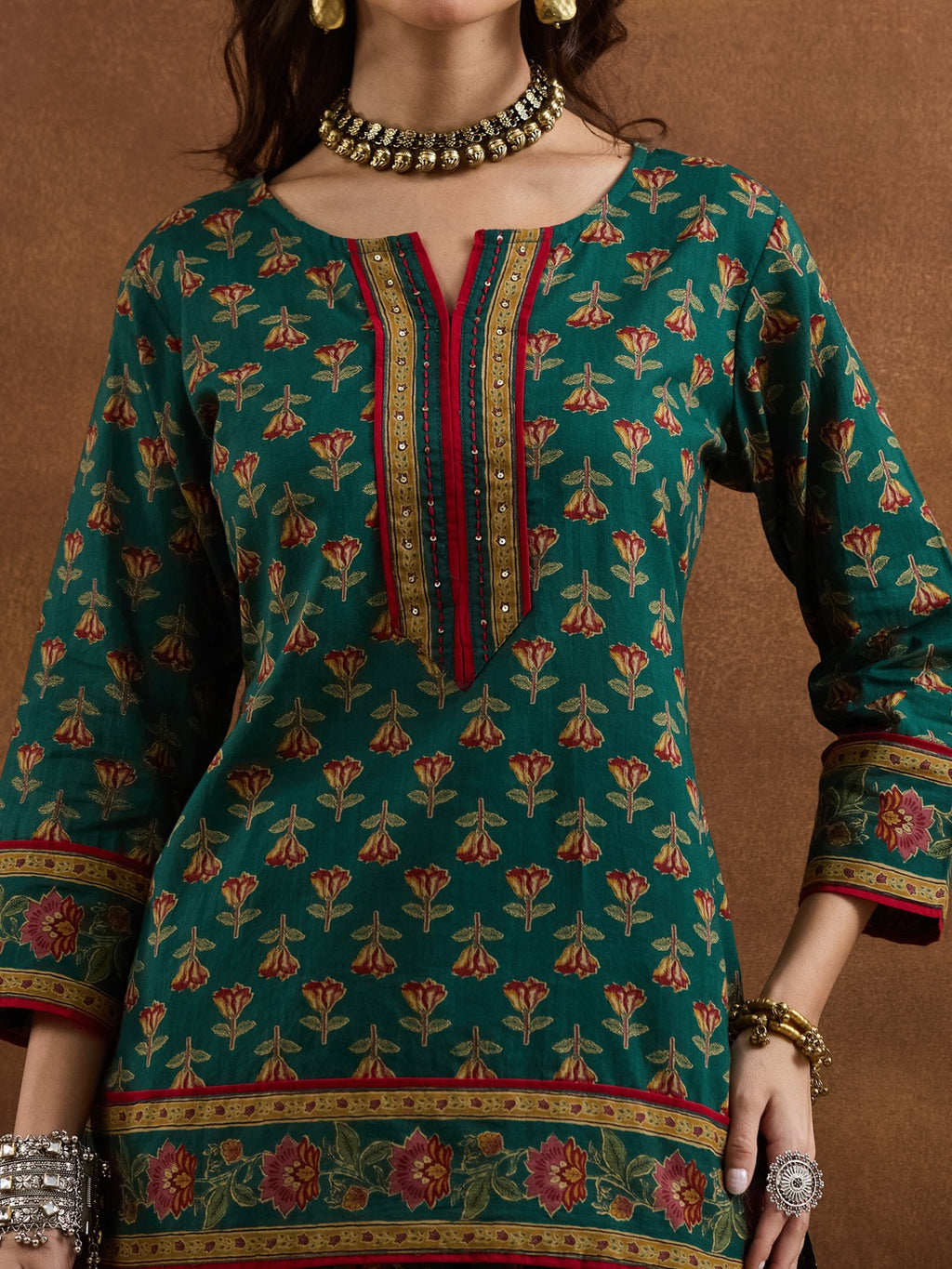 Green Floral Printed Cotton Straight Kurti Skirt & Dupatta Set