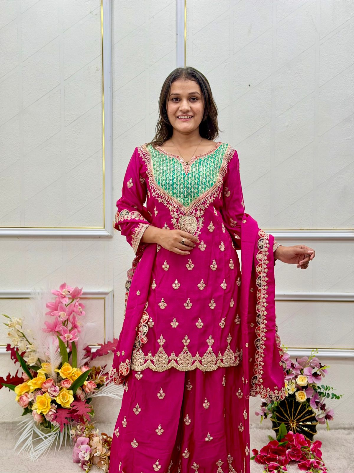 Gleam in Opulence: Fully Stitched Chinon Silk Sharara Suit Set with Emerald Yoke & Mirror Diamond Handwork