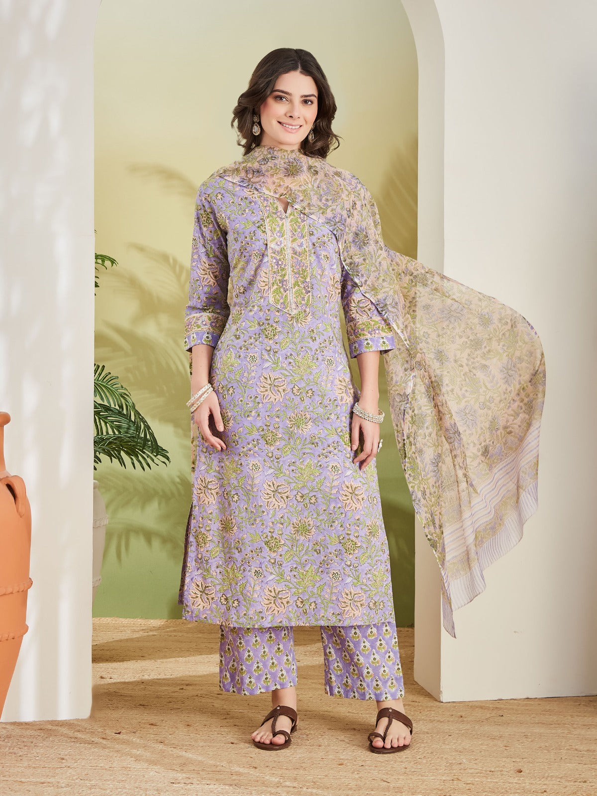 Women Hand block Printed Straight Fit Purple Kurta with Trousers & Dupatta