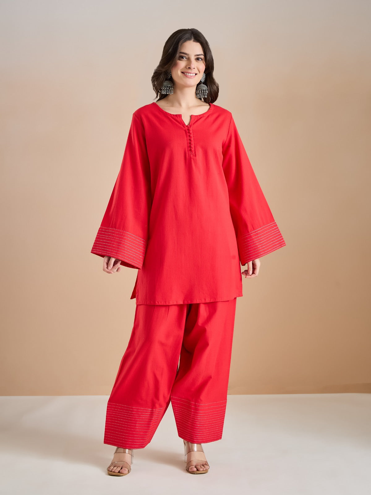 Coral Red Solid Cotton Farshi Salwar Set