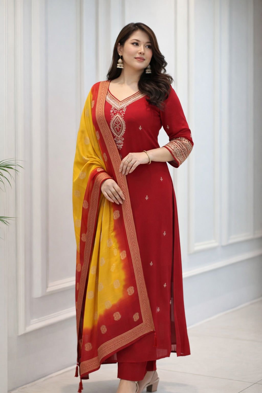 Exquisite Pure Chinon Hand-Embroidered Anarkali Suit Set with Dual-Tone Chiffon Dupatta