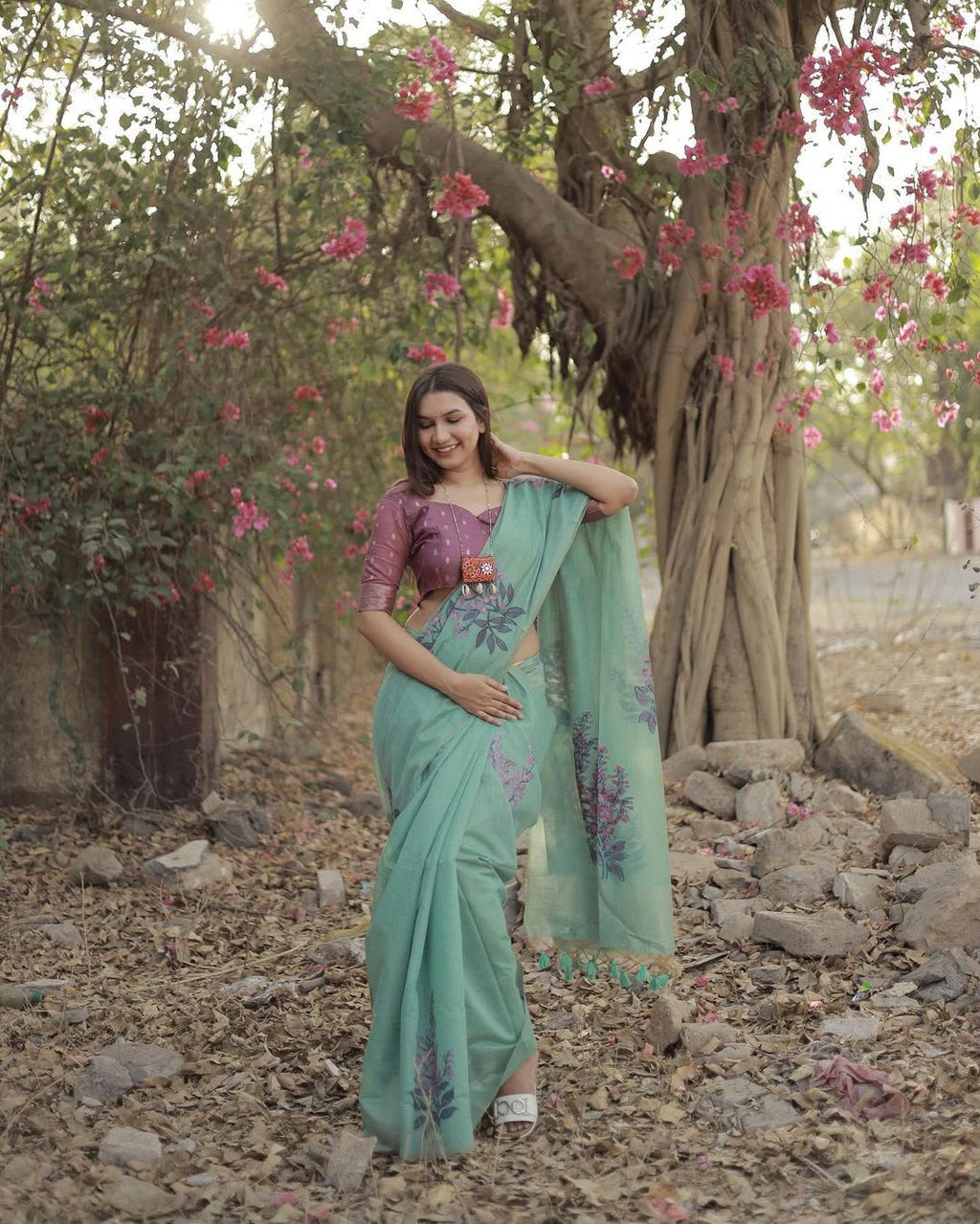 Premium Soft Muga Silk Saree with All-Over Floral Weaving & Contrast Blouse
