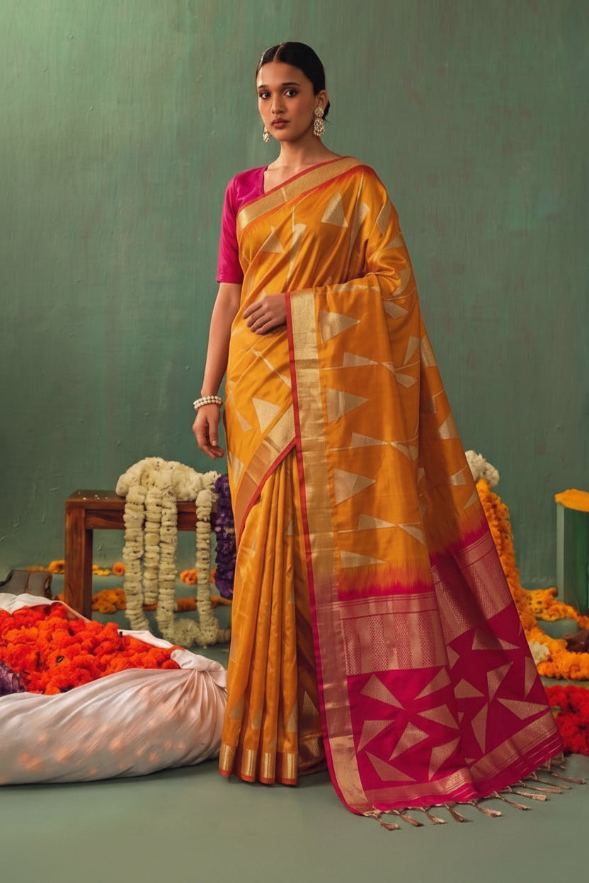 Opulent Radiance: Silk Blend Zari Saree with Contrast Border & Designer Pallu