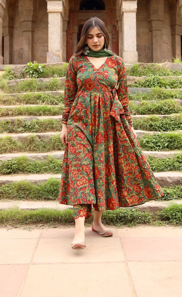 Ethereal Grace: English Green Floral Cotton Angrakha Anarkali Set with Scalloped Kota Doria Dupatta