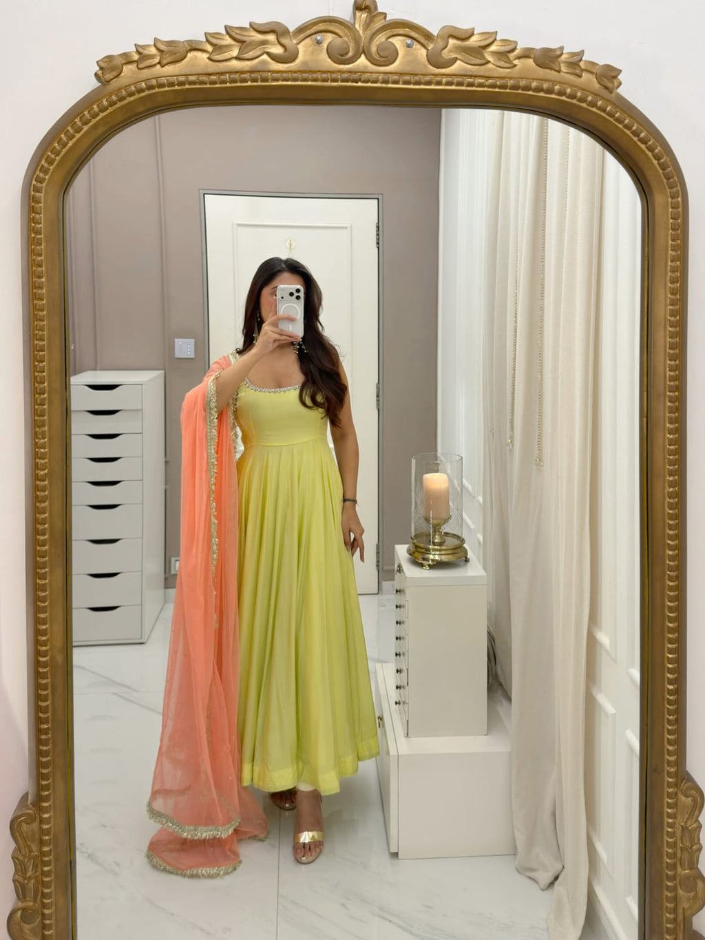 Pastel Yellow Georgette Anarkali Set with Peach Dupatta | Silver Lace
