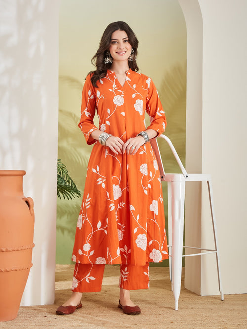 Divena Women Printed Pure Cotton Orange Anarkali Kurta With Pants