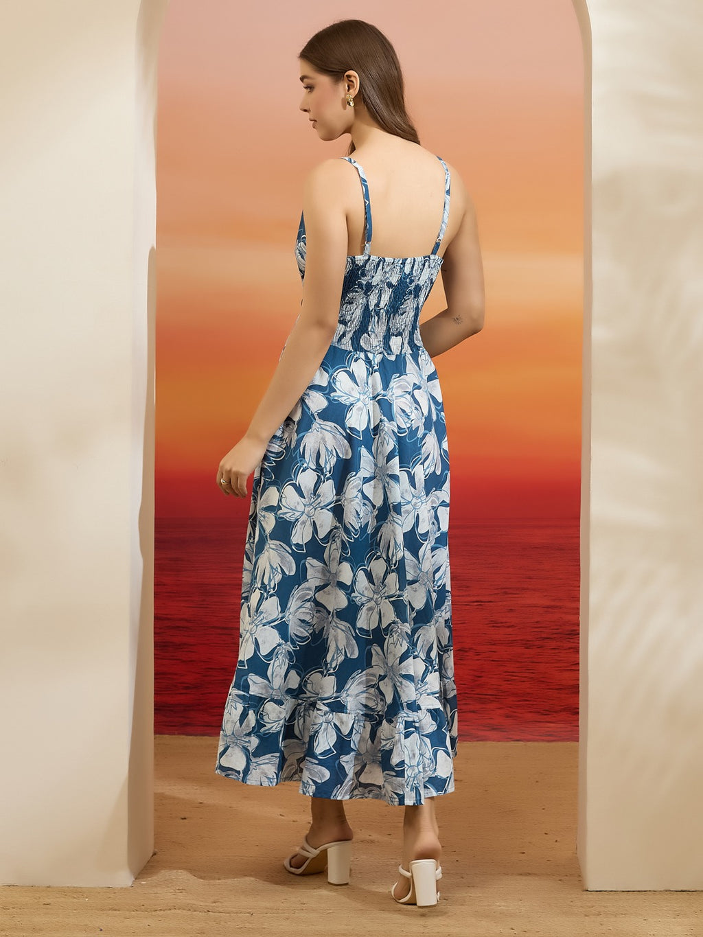 Blue & White Floral Smocked Pure Cotton Tiered Dress