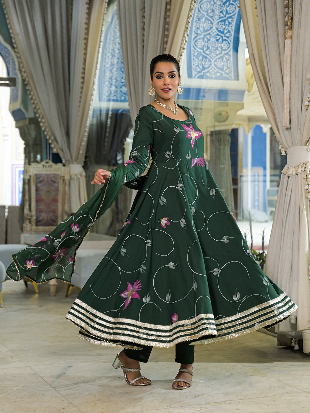 Dark Green Hand Painted Anarkali Kurta Pant With Dupatta