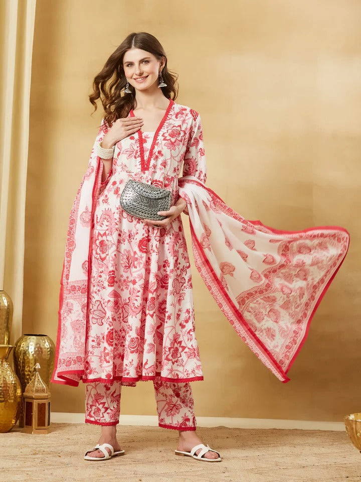 White Floral Cotton Anarkali Kurta Sets With Dupatta