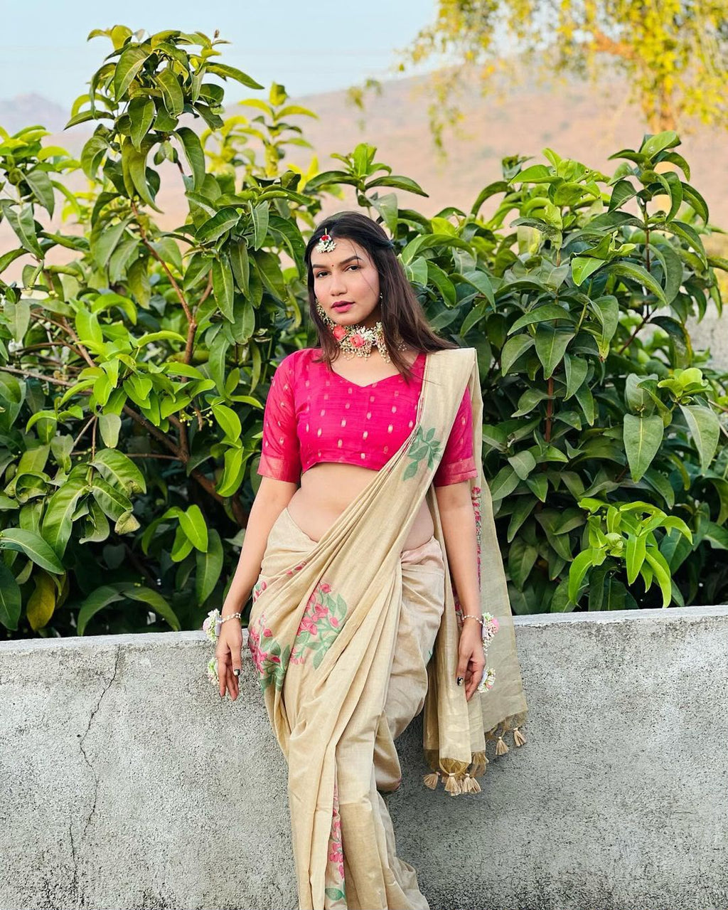 Premium Soft Muga Silk Saree with All-Over Floral Weaving & Contrast Blouse