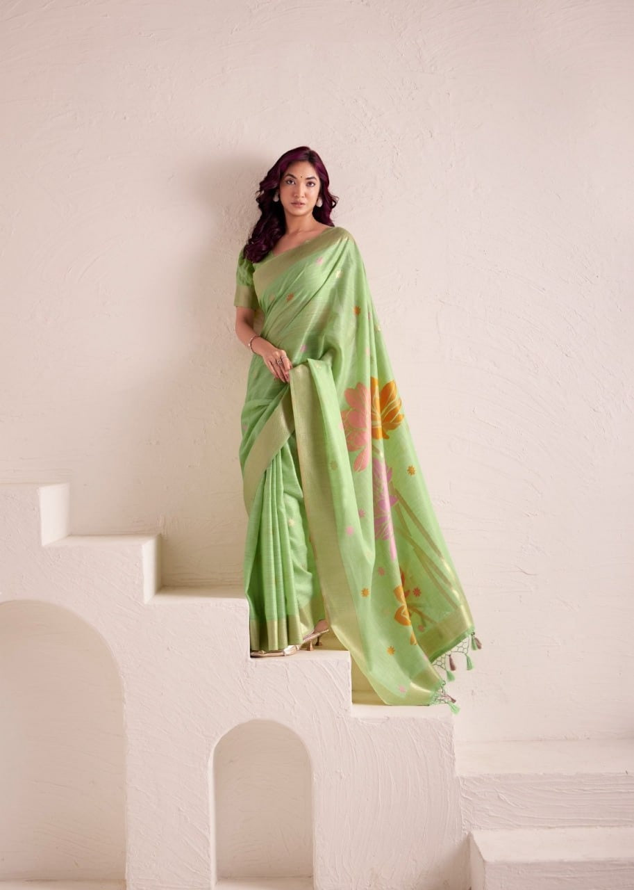 Dynamic Silk: Soft Linen Saree with Rich Jacquard Pallu & Matching Blouse Piece