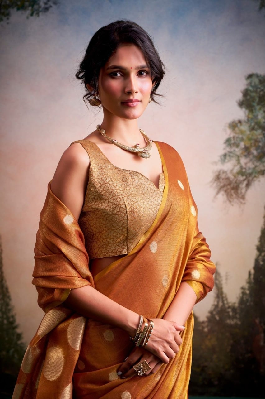 Luminous Tissue Silk with Gold Zari Motifs