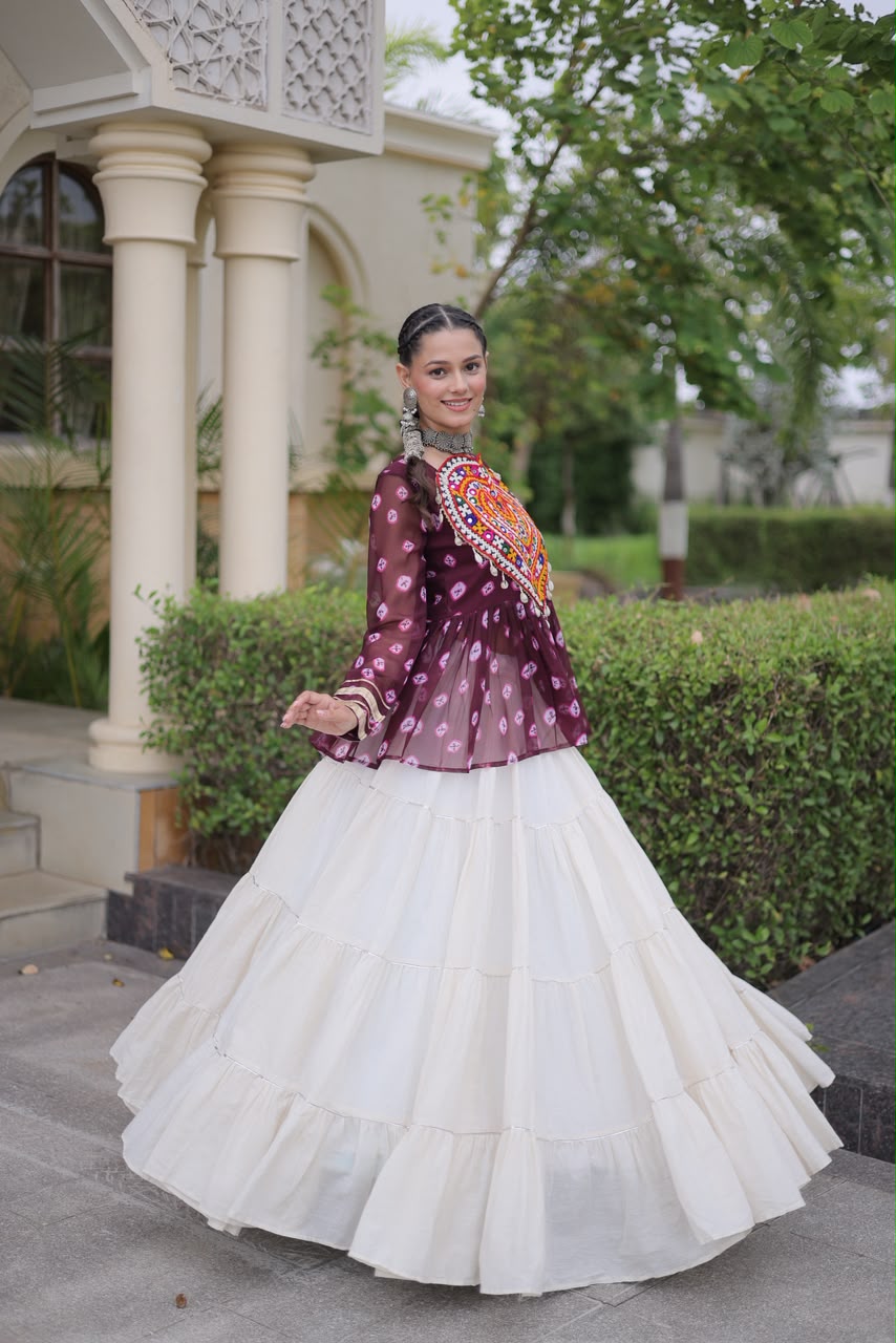 Kutchi Gamthi Patchwork Bandhani Top with Tiered Kora Cotton Lehenga
