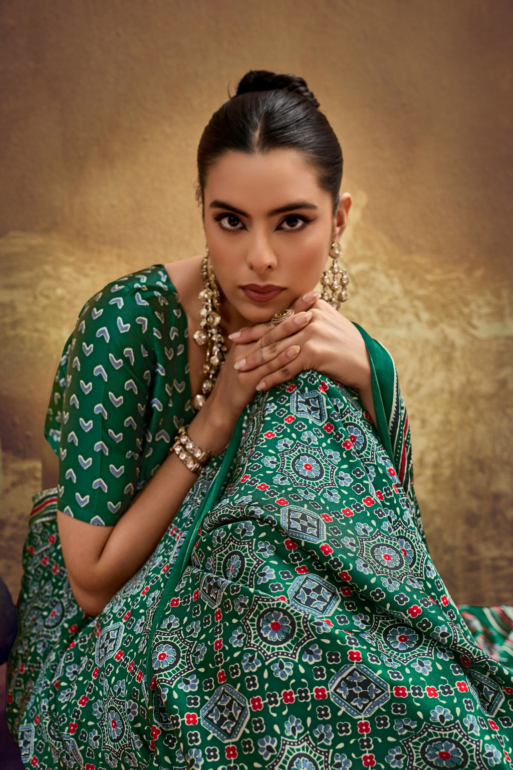 Ajrakh Printed Modal Satin Sarees with Matching Blouse