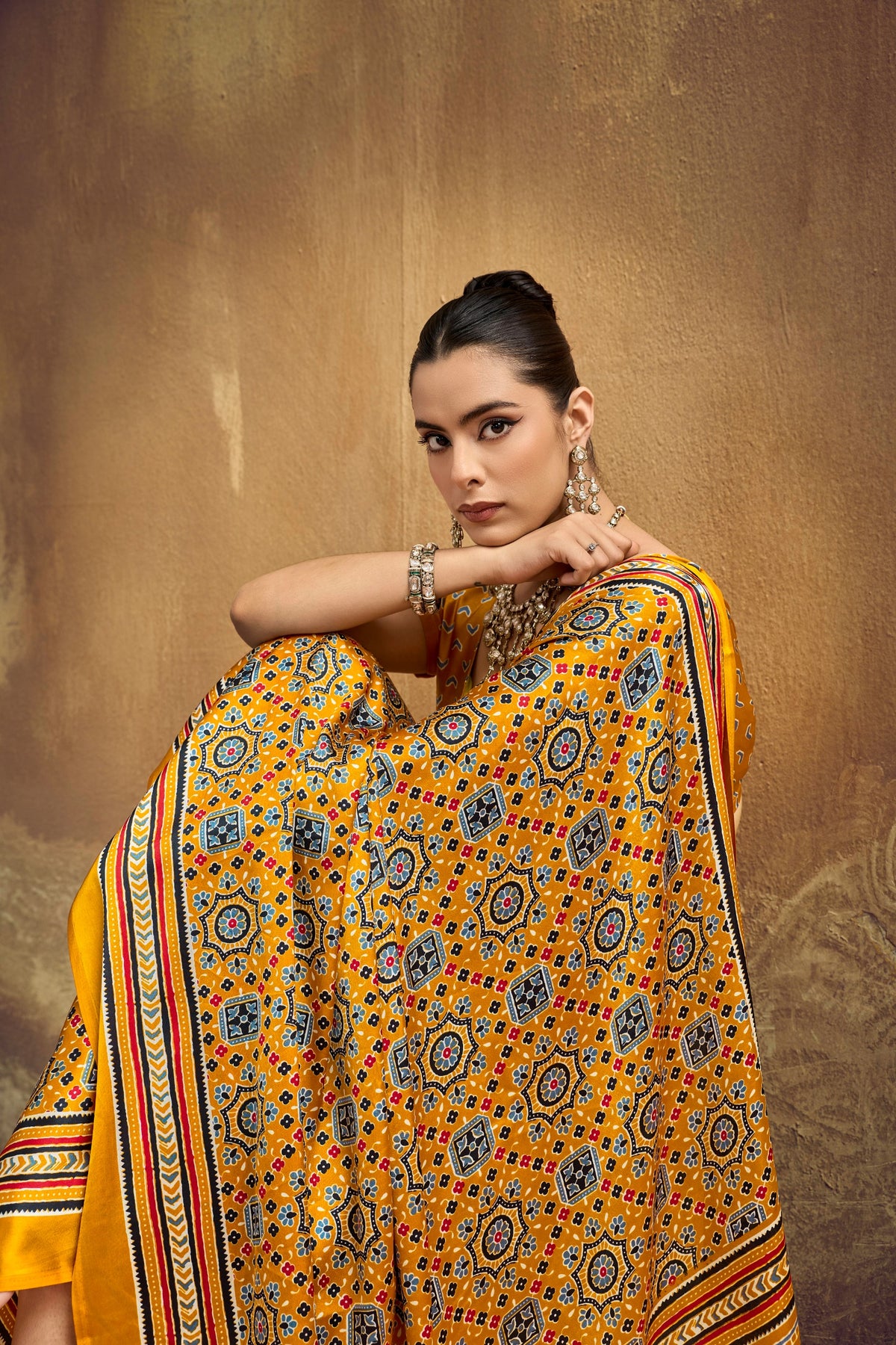 Ajrakh Printed Modal Satin Sarees with Matching Blouse