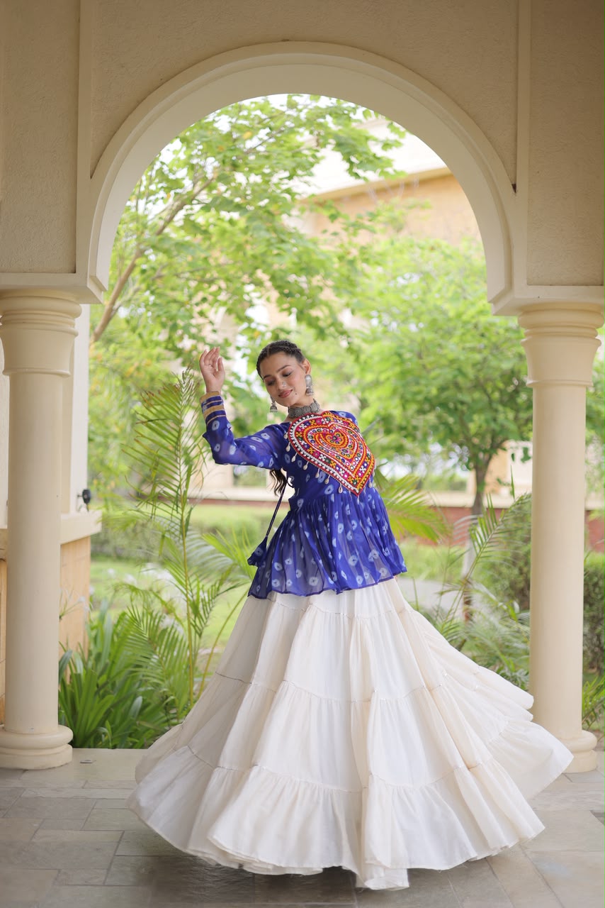 Kutchi Gamthi Patchwork Bandhani Top with Tiered Kora Cotton Lehenga