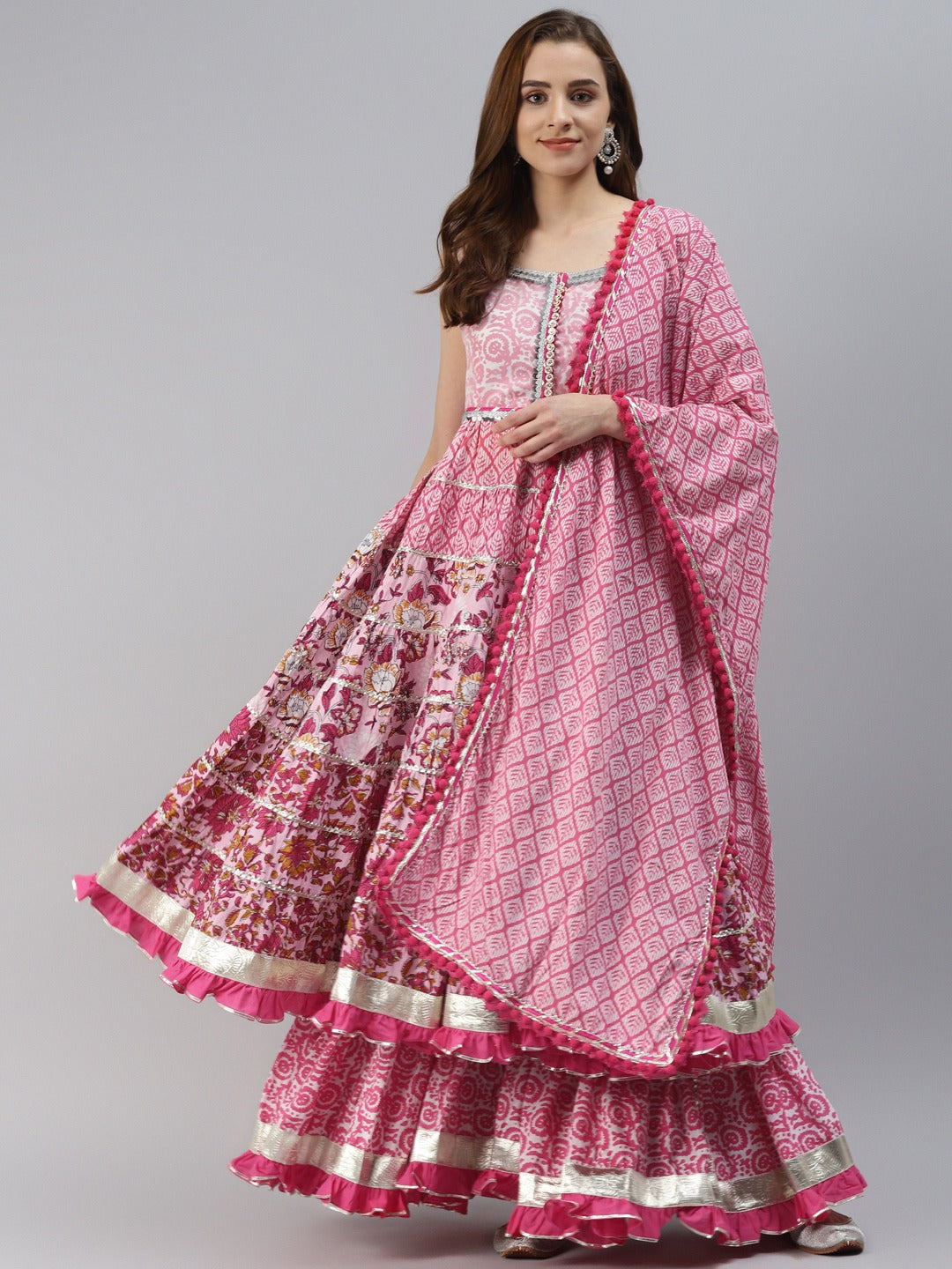 Pink Cotton Sleeves less Anarkali Sharara set with Dupatta