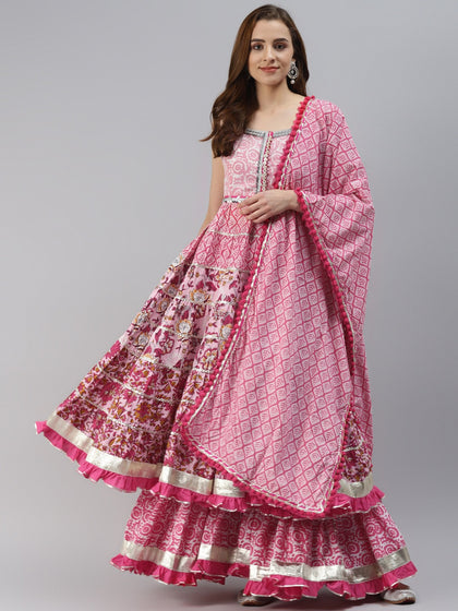 Pink Cotton Sleeves less Anarkali Sharara set with Dupatta