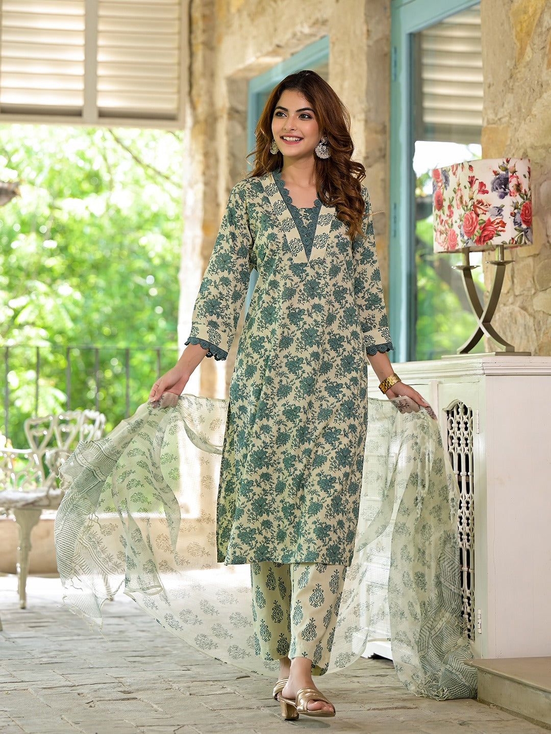 Bottle Green Floral Print Kurta Set for Women