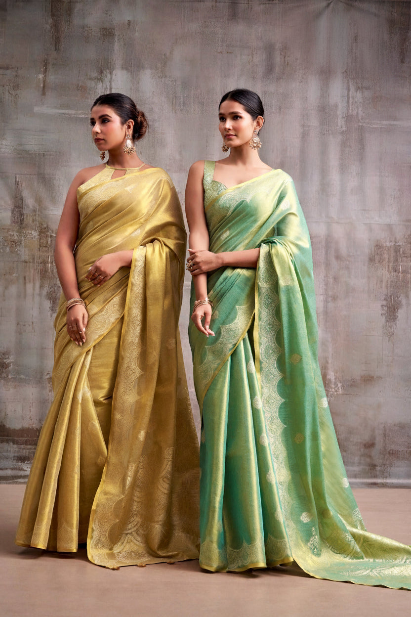 Luminous Grace: Designer Tissue Silk Saree with Matching Blouse Piece