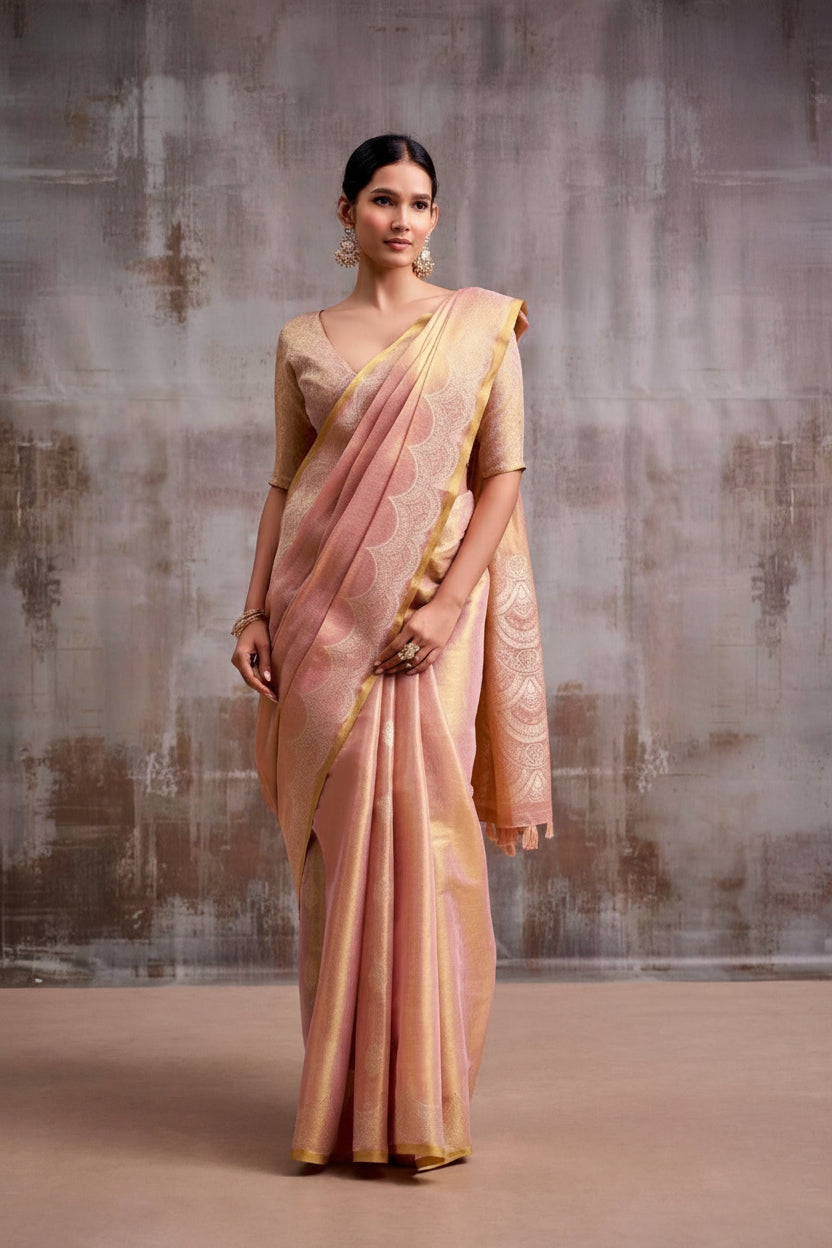 Luminous Grace: Designer Tissue Silk Saree with Matching Blouse Piece
