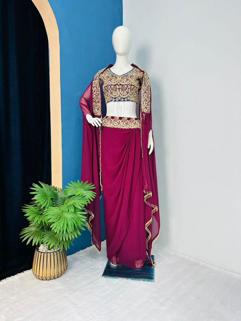 Ethereal Grace & Modern Drama: Flowy Apple Organza Sharara Set with Embroidered Blouse & Floor-Length Shrug