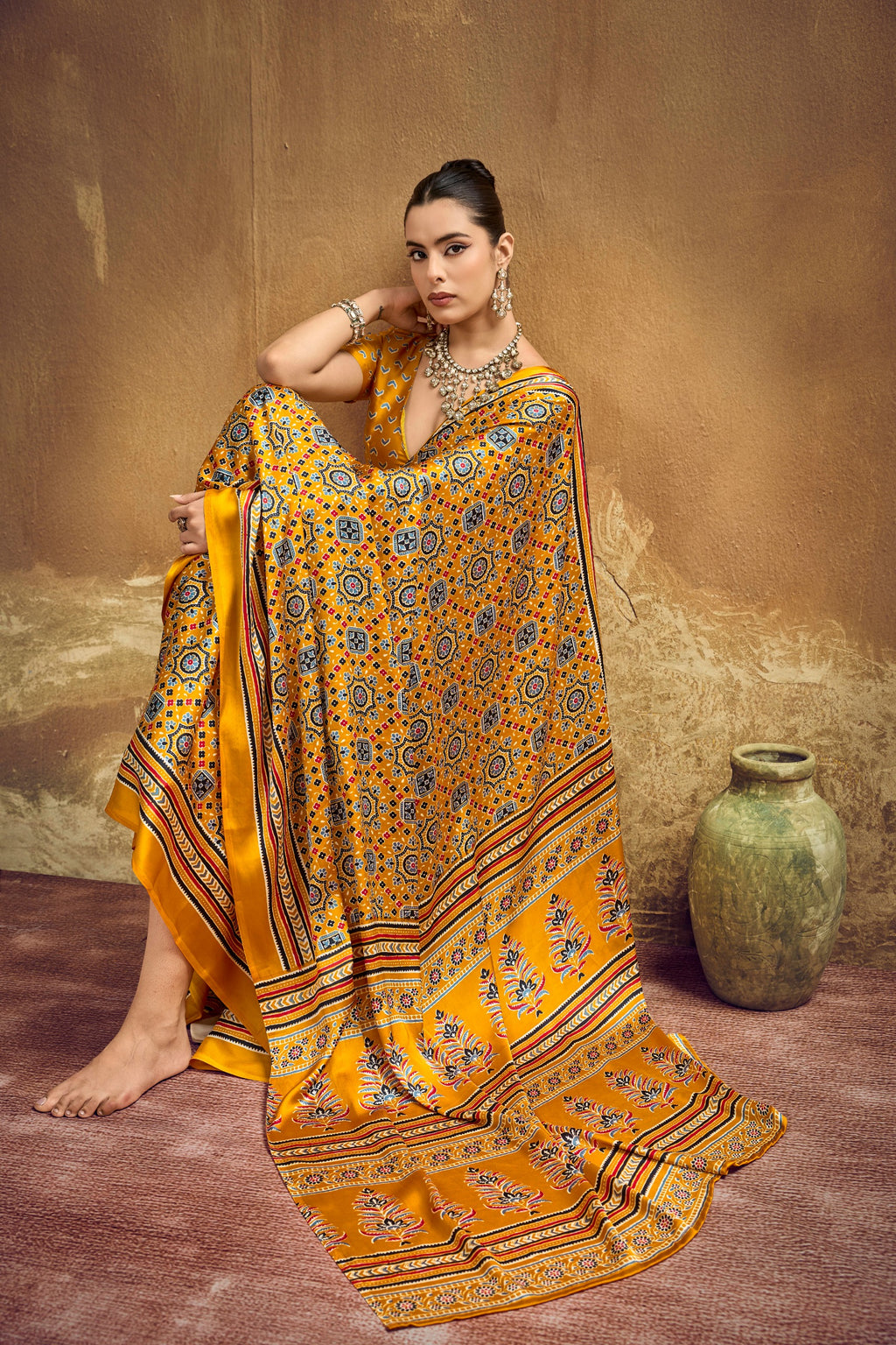 Ajrakh Printed Modal Satin Sarees with Matching Blouse