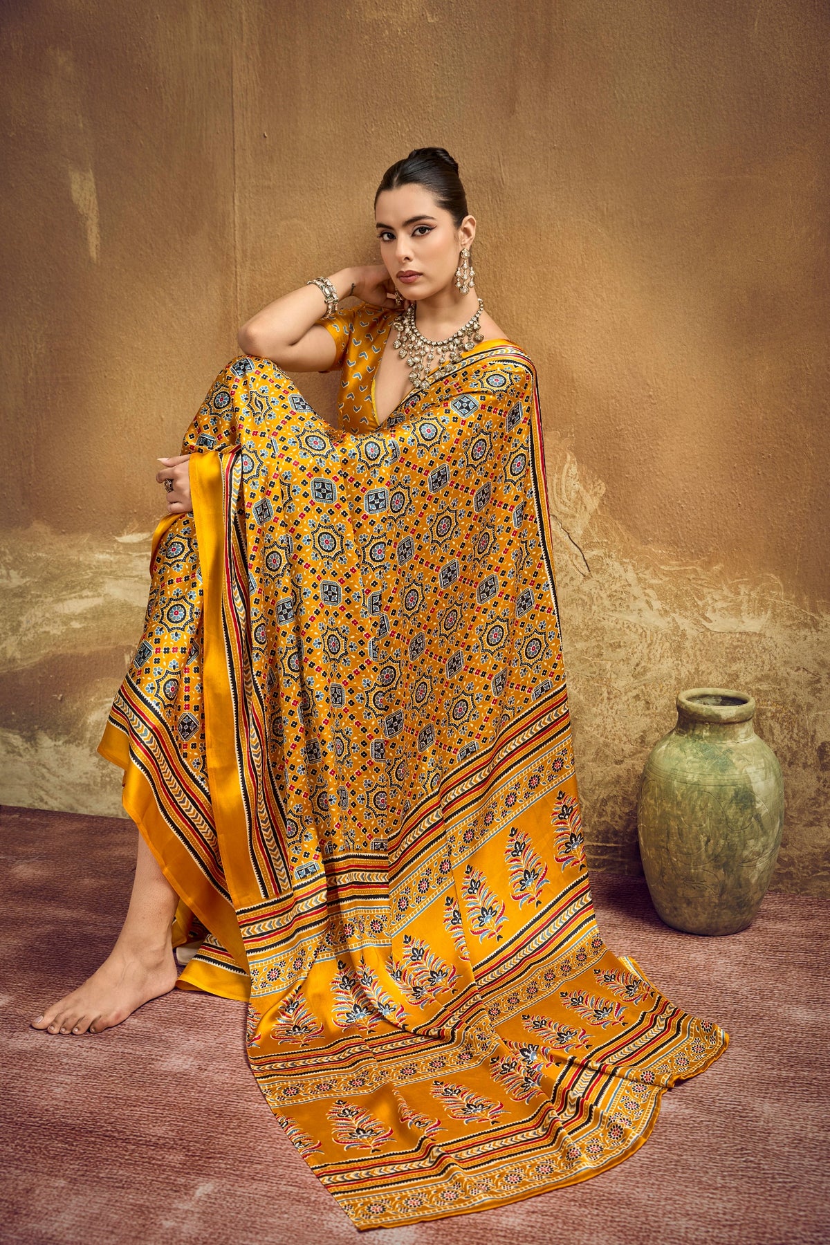 Ajrakh Printed Modal Satin Sarees with Matching Blouse