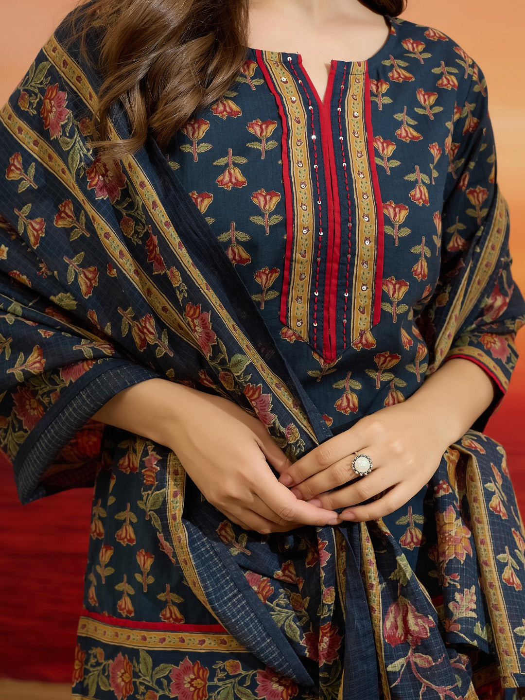 Floral & Botanical Printed Blue Cotton 3-Piece Kurti Skirt Dupatta Set