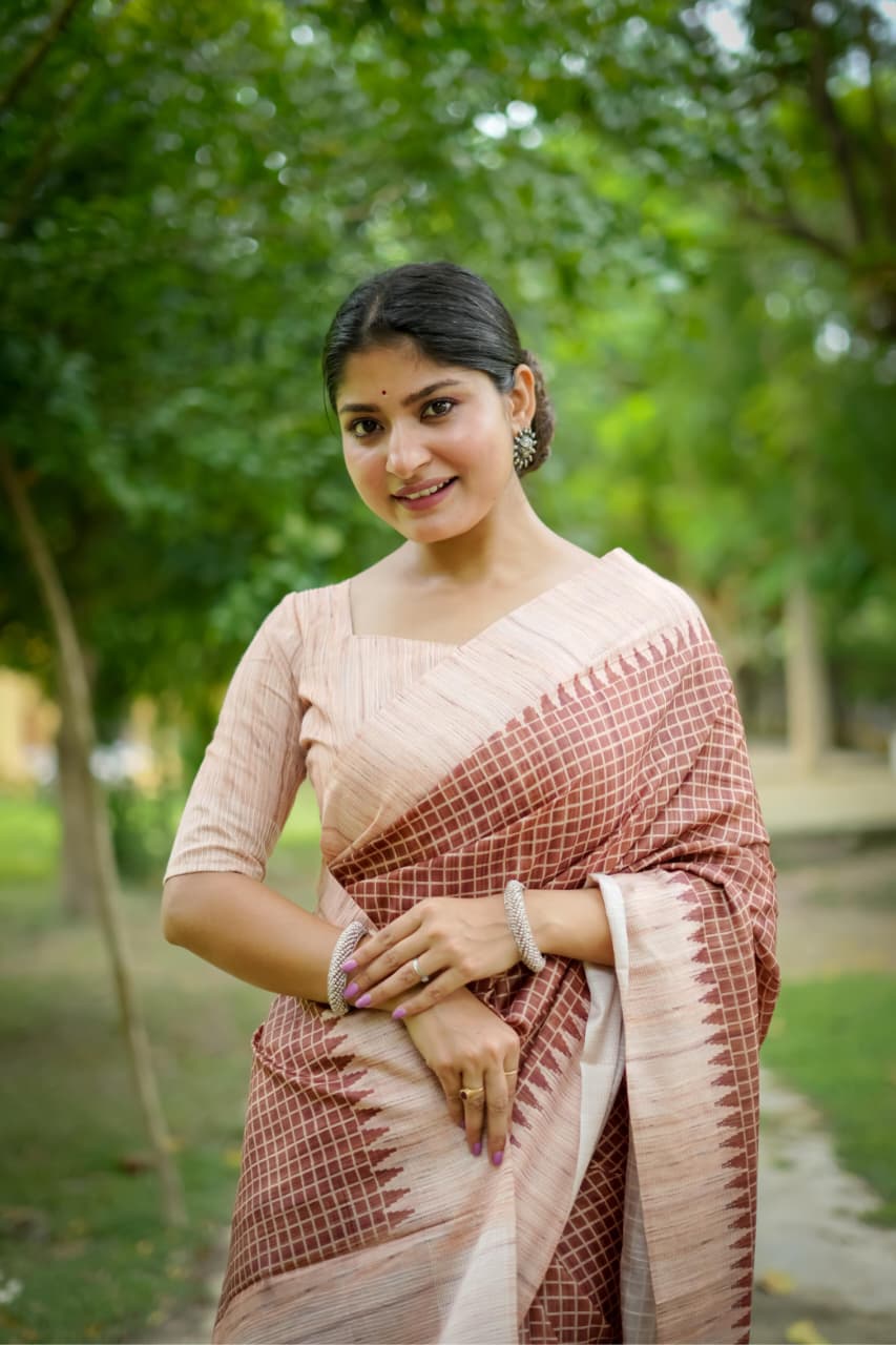 Soft Tussar Silk Saree with Kantha Weave Contrast Border & Check Print