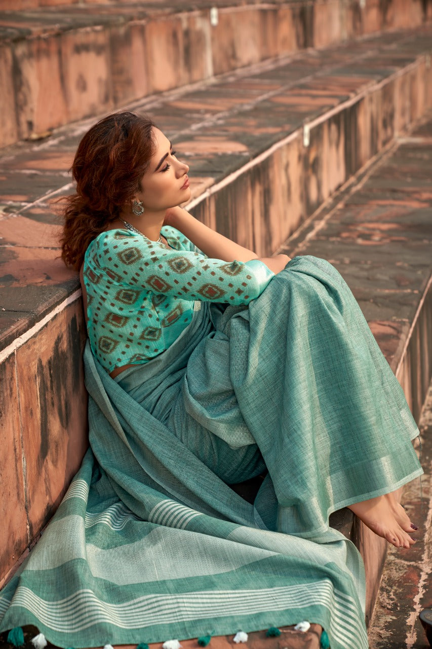 Timeless Elegance Meets Organic Luxury: Soft Linen Silk Sarees with Textured Khadi Work & Designer Blouse Piece