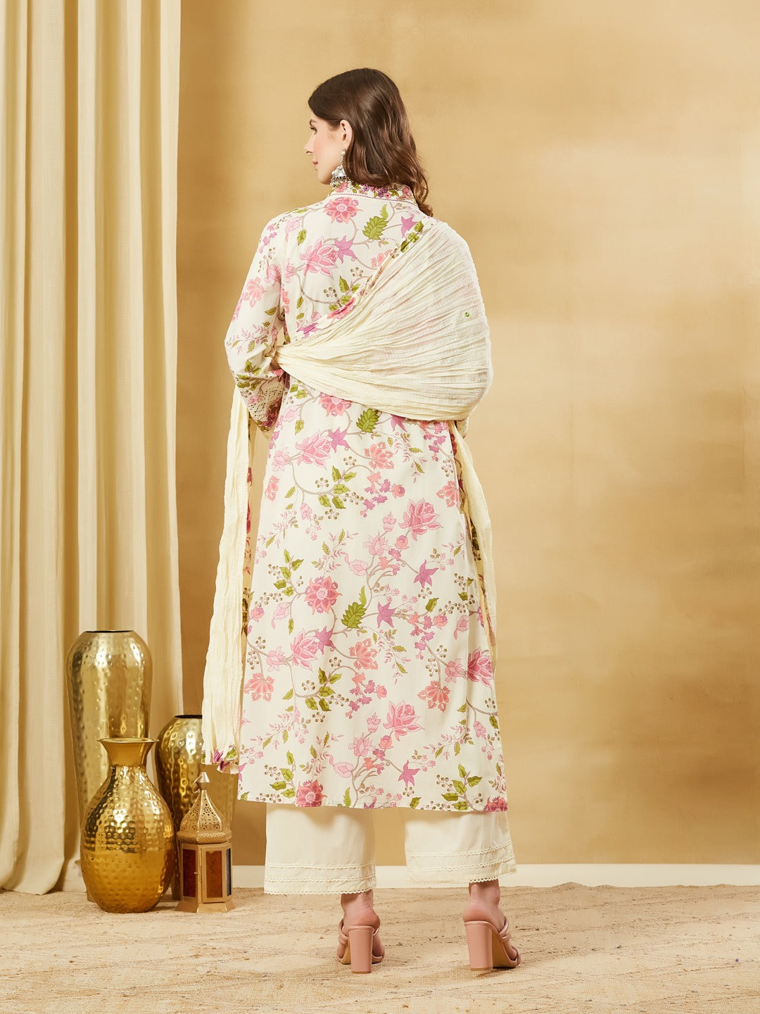 White A-Line Kurta Pant Set With Dupatta